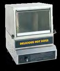 GlassFront Hot Dog Steamer #850 Holds 50 regular sized hot dogs and 20 buns All stainless steel construction Steams hot dogs and buns in one unit Hot dog juice tray included Adjustable heat control