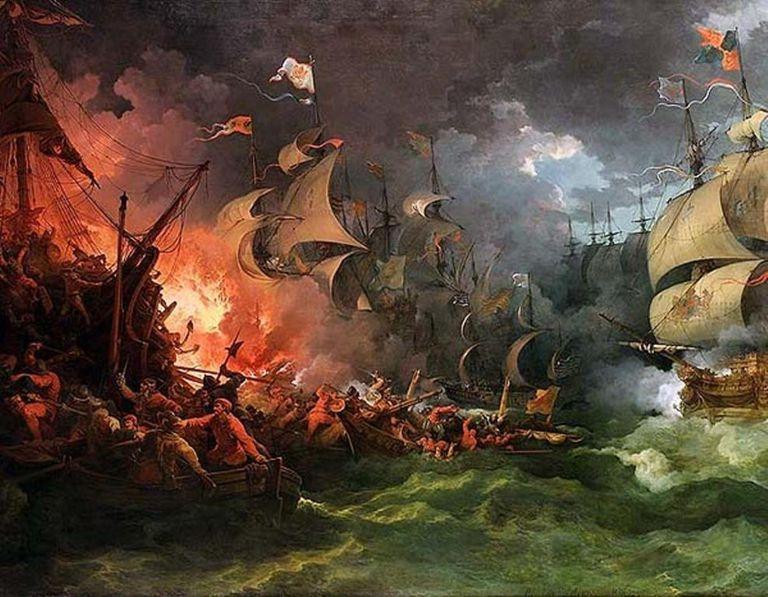 Appendix II A painting depicts The Spanish Armada facing off against Drake and his army.