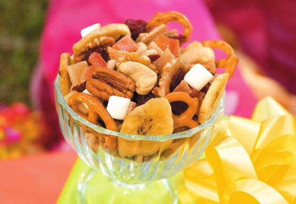 Happy Trails To You Mix Toasted wheat squares, toasted oat cereal or granola Pecans, walnuts, sunflower seeds, cashews or peanuts Mini pretzels Your choice of dried fruits such as: raisins, cherries,