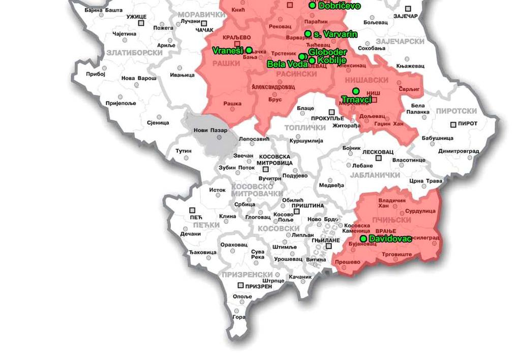 uvenuća. Biljke sa simptomima sakupljene su na 17 lokaliteta (slika 1) u Srbiji. Slika 1.