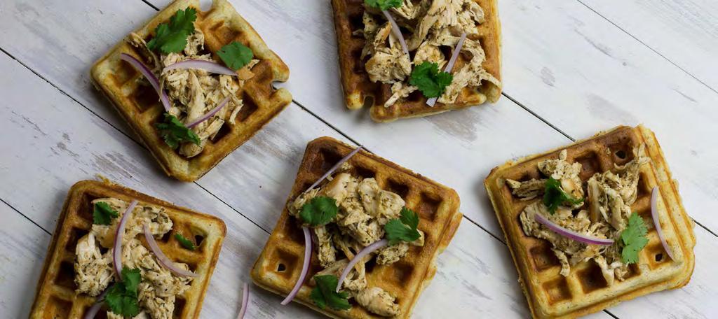 MAKE FRESH DINNERS - APRIL 2017 MOJO CHICKEN & WAFFLES Calories 450; Fat 17g; Saturated Fat 9g; Carbohydrates 49g; Fiber 2g; Protein 23g; Cholesterol 125mg; Sodium 560mg Grocery List WILDTREE