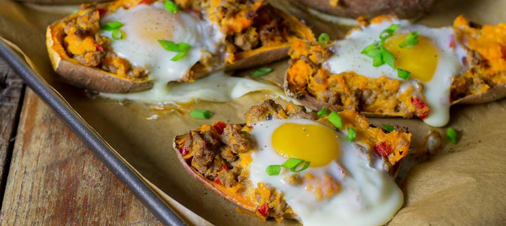 MAKE FRESH DINNERS - APRIL 2017 BREAKFAST STUFFED SWEET POTATOES Calories 220; Fat 11g; Saturated Fat 4g; Carbohydrates 15g; Fiber 2g; Protein 15g; Cholesterol 210mg; Sodium 180mg Grocery List