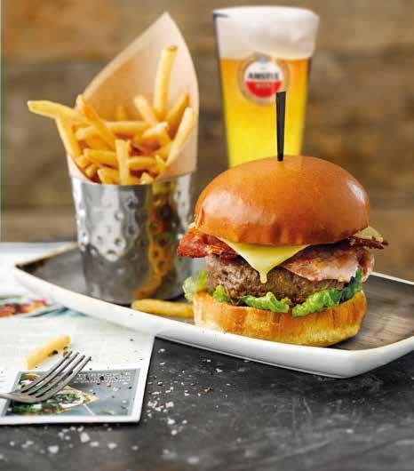 burgers All burgers are served in a brioche bun, with burger sauce, Cos lettuce, pickle, with a sticky BBQ sauce and skinny fries Cheese & Bacon Beef Burger 9.