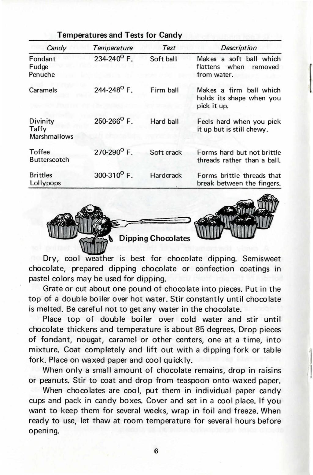 Temperatures and Tests for Candy Candy Temperature Test Description Fondant 234-240 F. Soft ball Makes a soft ball which Fudge flattens when removed Penuche from water. Caramels 244-248 F.