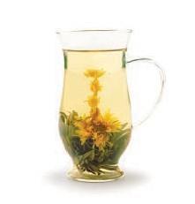 RISING FLOWER Green tea leaves encase three marigold blooms which climb the pot on infusion.