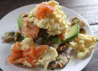 Avocado salmon brunch 3 eggs salt and pepper to season 1 tsp ghee or coconut oil 40g button mushrooms, sliced 2 spring onions, sliced 15g Cheddar cheese, grated (or use dairy free cheese of your