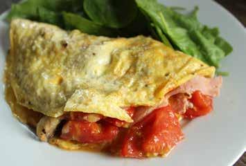 Full English omelette 1 tsp ghee or coconut oil 2 rashers unsmoked bacon, cut into small pieces 2 small ripe tomatoes, chopped 3 closed cup mushrooms, sliced 3 eggs pinch of salt and pepper 25g