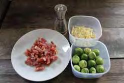 Cheesy bacon Brussels 120g Brussels sprouts, quartered 100g diced bacon 30g Cheddar cheese (use dairy free cheese if preferred), grated ½ tsp coconut oil or butter SERVES 1 Bring a small saucepan of