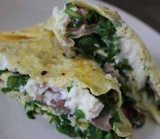 Creamy Parma ham, pea & spinach omelette 3 eggs 1 tbsp ricotta cheese (or use dairy free cheese if preferred) salt and pepper to season 2 tsps ghee or coconut oil 2 slices Parma ham 1 handful fresh