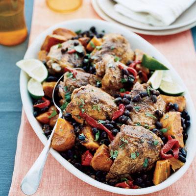 Slow-Cooker Latin Chicken With Black Beans And Sweet Potatoes 21 Day Fix Containers: 1 ½ Red, 1 ½ Yellow 3 lb. bone-in skinless chicken thighs (Take Skin Off to Eat) 2 tsp.