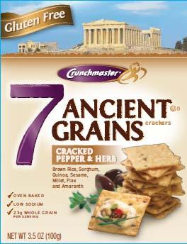 Crunchmaster 7 Ancient Grains (Cracked Pepper & Herb) Ingredients: Brown Rice Flour, Potato Starch, Safflower Oil, Cracked Pepper & Herb Seasoning (Maltodextrin (corn), Salt, Black Pepper, Whey,