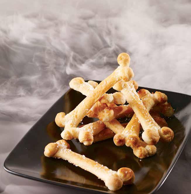 salty bones Unroll a tube of refrigerated breadsticks (we used an 11-ounce tube to make 12 bones) and separate the rectangular pieces.