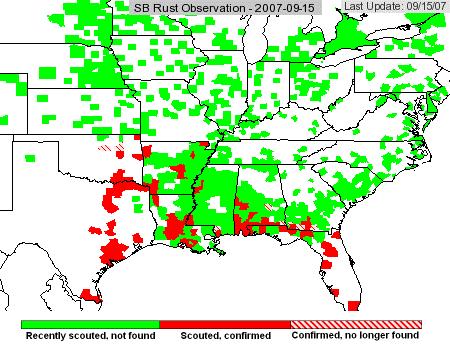 Rainfall in eastern Texas and parts of Oklahoma, Louisiana, Arkansas, Mississippi and Alabama favored disease spread into the Mississippi Valley whereas widespread