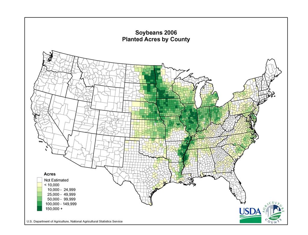 expected pattern of disease spread from south to north and the distribution map for planted acres of soybean in the United States (Fig. ).