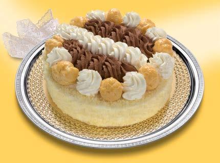 WHITE TARTUFATA Soft sponge cake filled with Chantilly cream and covered with cream, cream puffs and white chocolate flakes SELVA NERA Soft sponge cake filled with sour