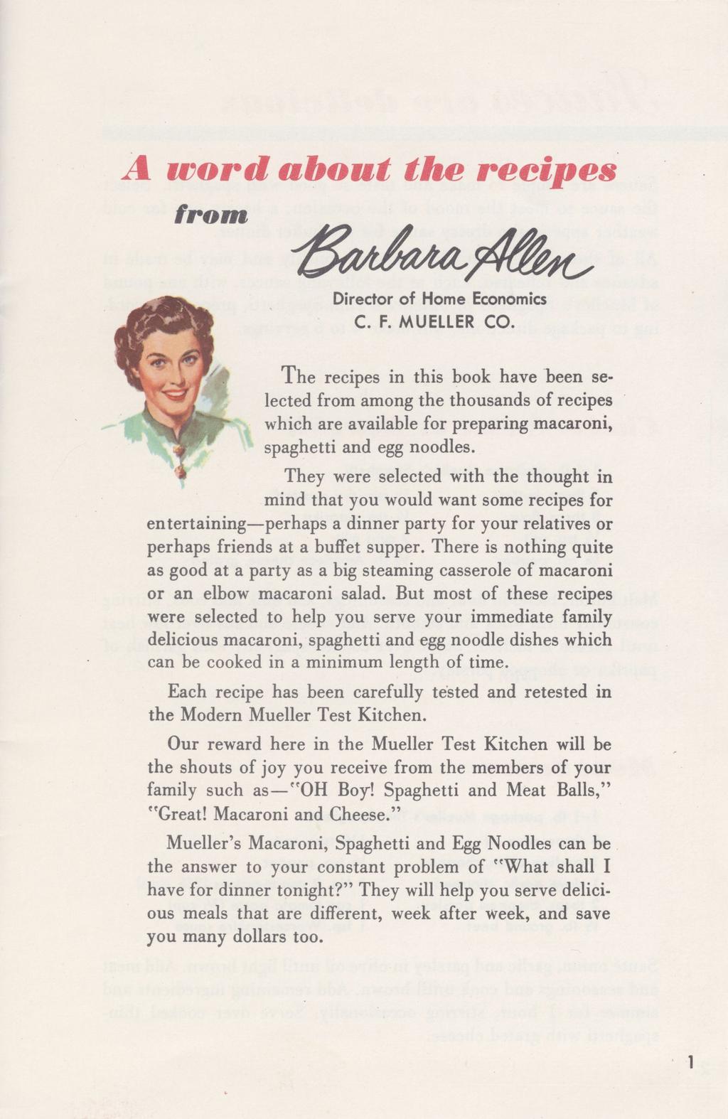 A word about the recipes from Director of Home Economics C. F. MUELLER CO.