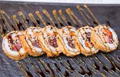in tempura, sweet miso, unagi sauce FUTOMAKI SPRING ROLL 80 kn Škamp u tempuri, losos, mladi luk,