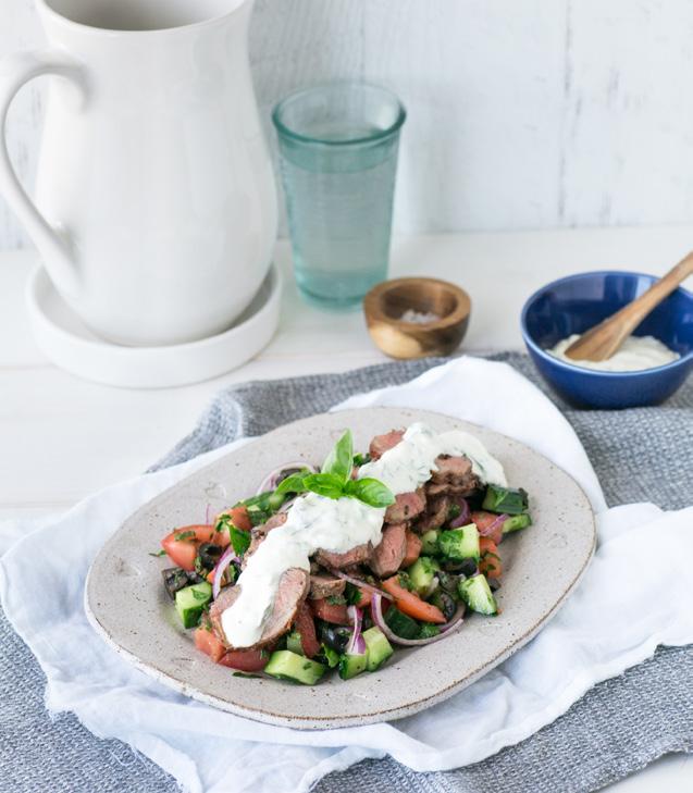 Greek Salad With Grilled Lamb & Creamed Feta Dressing SERVES 1 NUTRITION INFORMATION PER SERVE: CALORIES 301 (1264KJ) PROTEIN 25.6G TOTAL FAT 16.6G SATURATED FAT 6.2G FIBRE 6.2G CARBOHYDRATES 14.