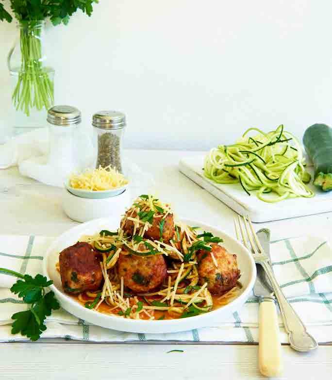 Turkey Meatball Zoodles SERVES 4 NUTRITION INFORMATION PER SERVE: CALORIES 366 (1541KJ) PROTEIN 40G TOTAL FAT 16.7G SATURATED FAT 4.5G FIBRE 4.9G CARBOHYDRATES 11.5G TOTAL SUGAR 8.