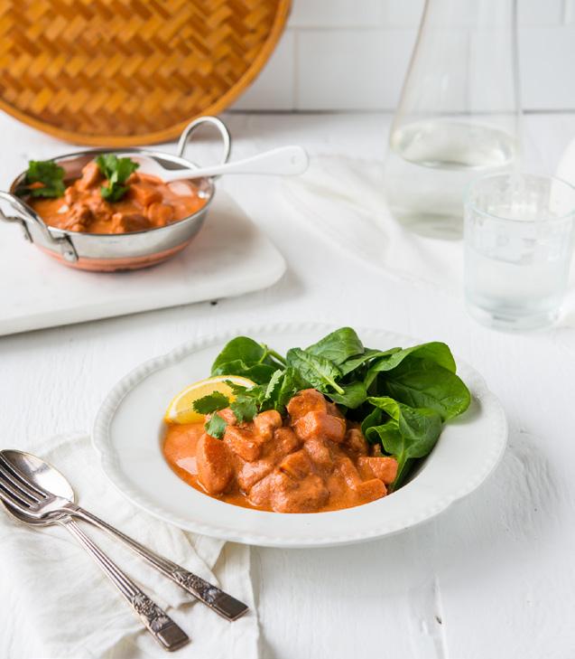 Homemade Butter Chicken SERVES 1 NUTRITION INFORMATION PER SERVE: CALORIES 417 (1751KJ) PROTEIN 38.7G TOTAL FAT 11.5G SATURATED FAT 2.5G FIBRE 7.8G CARBOHYDRATES 44.5G TOTAL SUGAR 20.