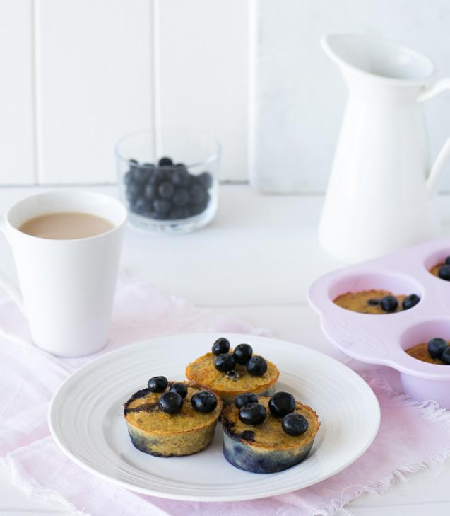 Flourless Banana & Blueberry Muffins MAKES 4 NUTRITION INFORMATION PER SERVE (1 MUFFIN): CALORIES 126 (531KJ) PROTEIN 7.3G TOTAL FAT 5.1G SATURATED FAT 1.5G FIBRE 1.5G CARBOHYDRATES 12.