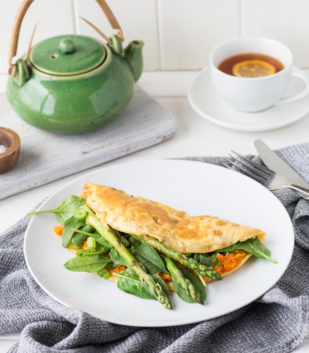 Sweet Potato & Asparagus Omelette SERVES 1 NUTRITION INFORMATION PER SERVE: CALORIES 208 (873KJ) PROTEIN 15.2G TOTAL FAT 4.9G SATURATED FAT 1.4G FIBRE 7.1G CARBOHYDRATES 28.5G TOTAL SUGAR 9.