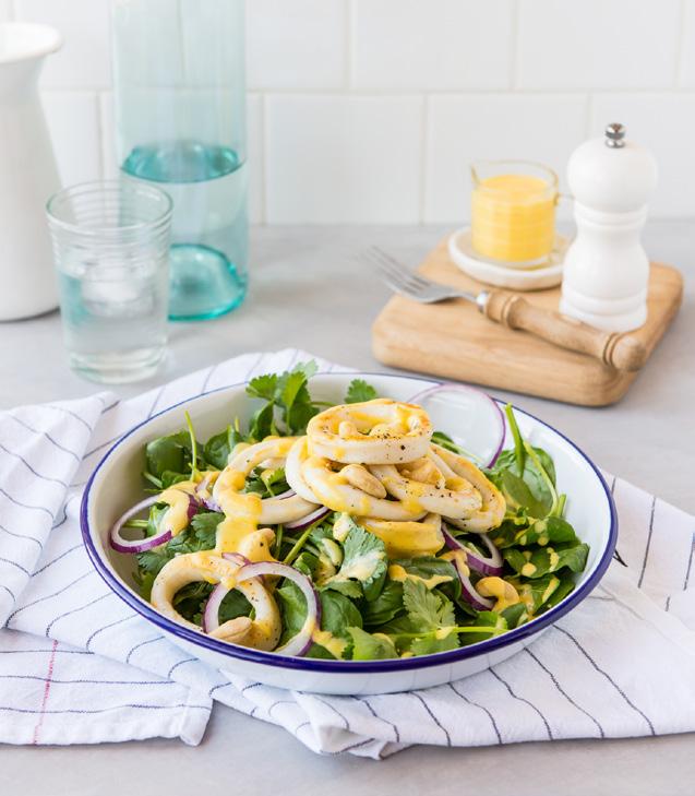Calamari Salad With Mango & Chilli Dressing SERVES 1 NUTRITION INFORMATION PER SERVE: CALORIES 311 (1306KJ) PROTEIN 22G TOTAL FAT 17G SATURATED FAT 2.