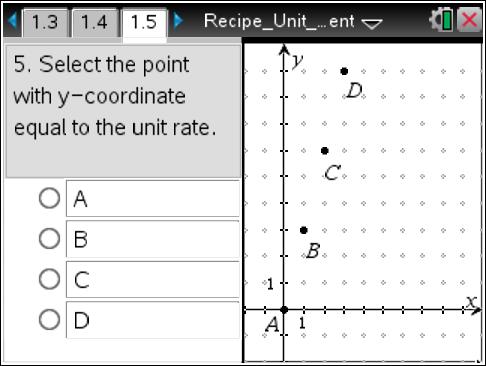 5. Select the point with a y-coordinate equal to the unit rate. Answer: B 6. What is the unit rate for the points in equation 5? Answer: 3 TI-Nspire Navigator Note 1 Question 4, Class Capture Note 1.