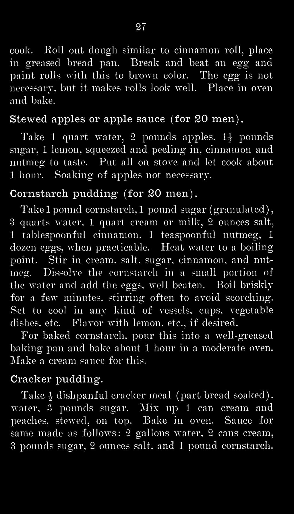 Put all on stove and let cook about 1 hour. Soaking of apples not necessary. Cornstarch pudding (for 20 men).