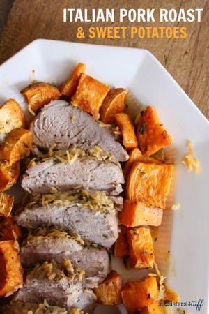 DAY 4 ITALIAN PORK ROAST WITH SWEET POTATOES M A I N D I S H Serves: 6 Prep Time: 15 Minutes Cook Time: 30 Minutes 3 sweet potatoes 1/2 onion (chopped) 1 Tablespoon olive oil (divided) 2 teaspoons