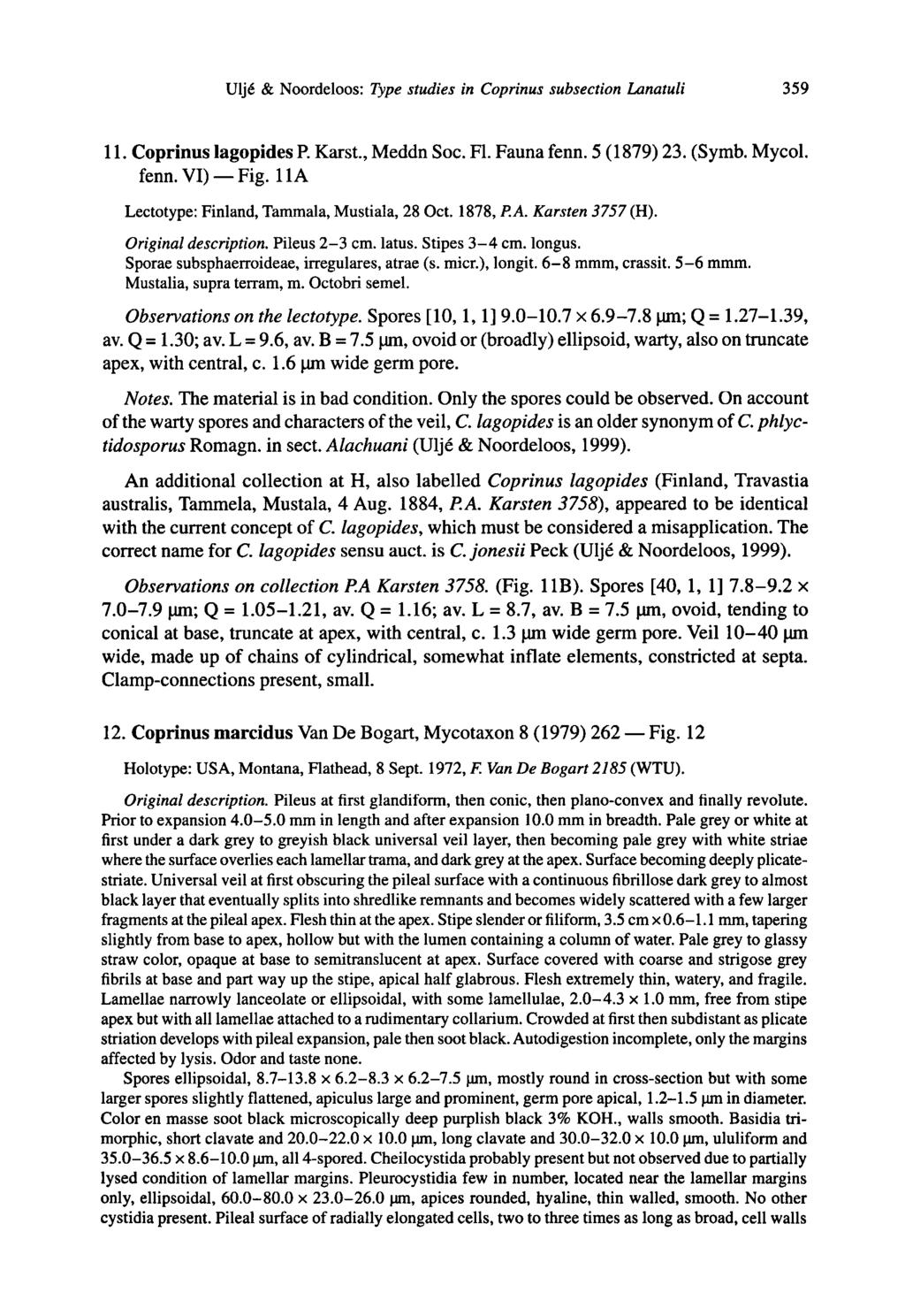 Fig. Ulje & Noordeloos: Type studies in Coprinus subsection Lanatuli 359 11. Coprinus lagopides P. Karst., MeddnSoc. Fl. Fauna fenn. 5 (1879)23. (Symb. Mycol. fenn. VI) Fig.