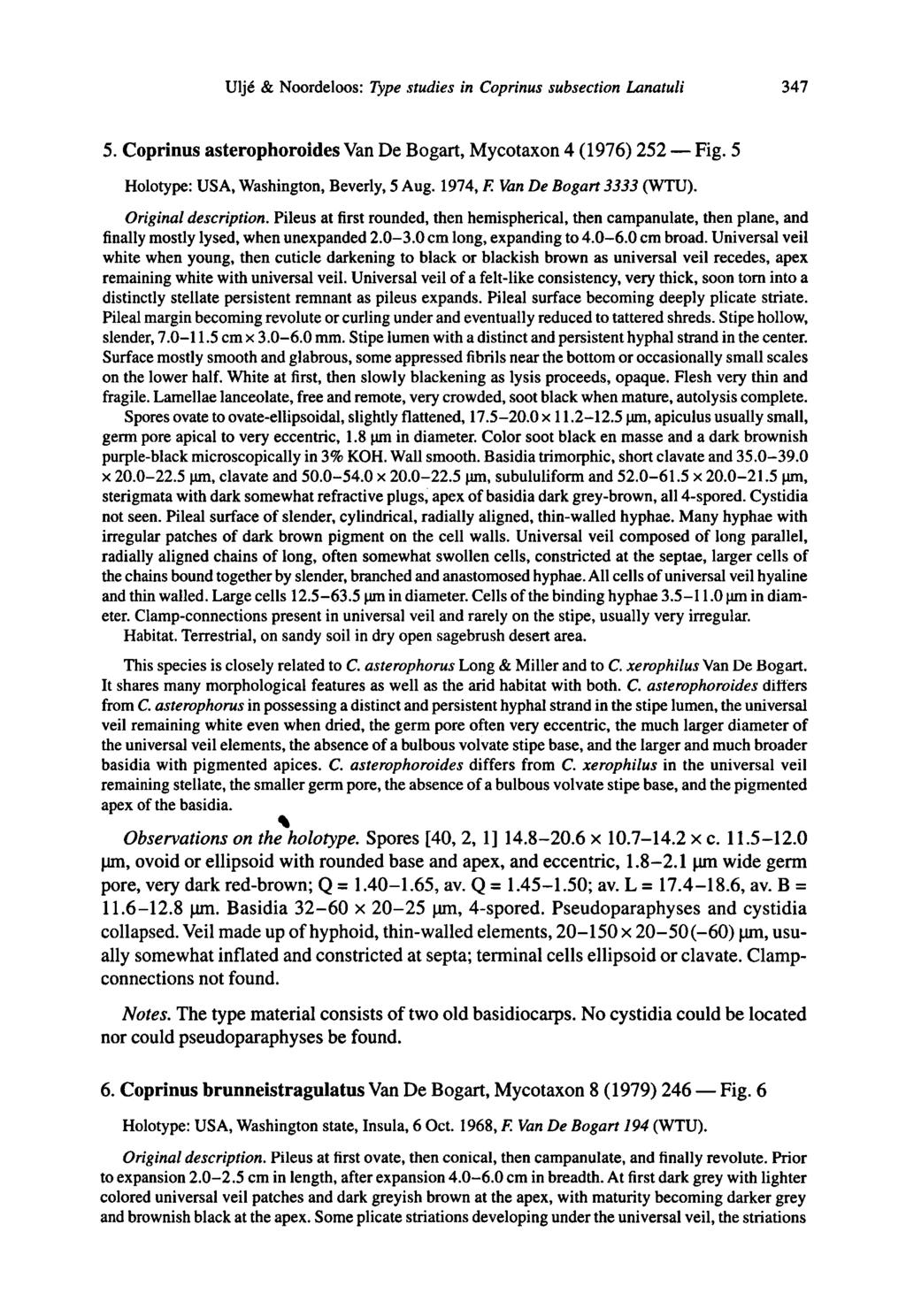 Fig. Ulje & Noordeloos: Type studies in Coprinus subsection Lanatuli 347 5. Coprinus asterophoroides Van De Bogart, Mycotaxon 4 (1976) 252 5 Holotype: USA, Washington,Beverly, 5 Aug. 1974,F.