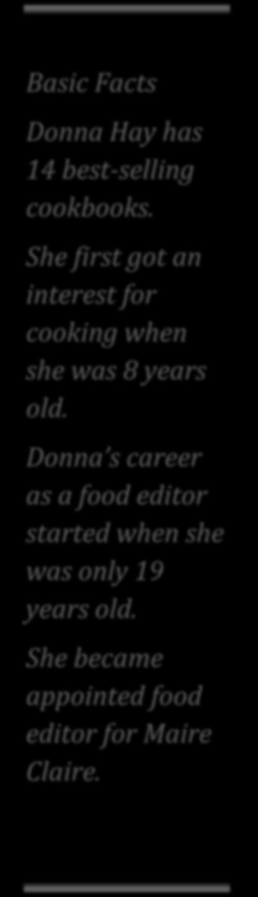 Donna Hay the Australian food stylist, magazine editor, author and mother of two children Angus, 8 and Tom, 5 has done a lot for the cooking world in the past years.