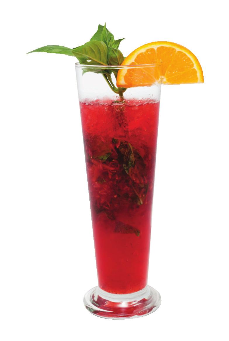 Long and red 1cl Chambord 1cl Grand Marnier 6-7 Fresh basil leaves 3-4 Fresh Strawberries Cranberry juice as needed Crushed Ice Build in glass.