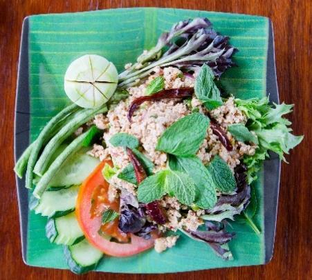 12. Larb Gai Salad Warm salad of cooked minced chicken mixed with chilli powder, shallot, mint,