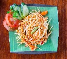 bean, tomato, fish sauce, lemon juice and roasted peanuts Traditional mild salad from Central Thailand with shredded green papaya mixed with fresh chilli,