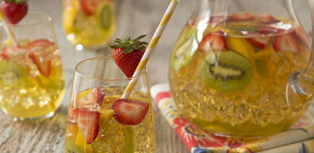 Kids Tropical SANGRIA Ideal for kids birthday parties, this festive, colorful, non-alcoholic sangria is bursting with tropical flavors and real fruit.