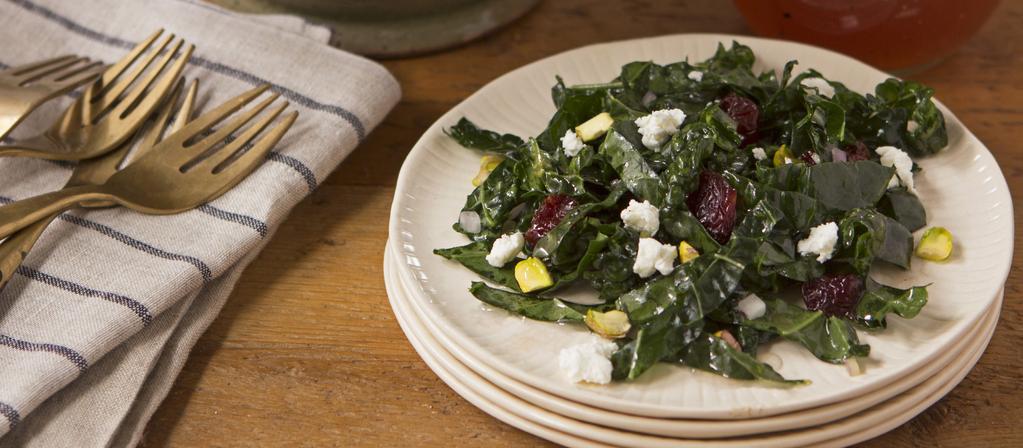KALE SALAD with Cherries, Pistachios and Goat Cheese Cherry Juicy Juice 100% juice makes a delicious base for a vinaigrette dressing to serve on kale salad.