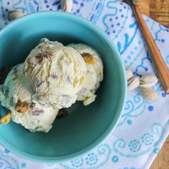Salted Pistachio ICE CREAM INGREDIENTS: 1 cup roasted, salted pistachios, roughly chopped ¾ cup sugar 2 cups heavy cream 1 ¼ cups 2% milk ½ teaspoon salt 5 egg yolks INSTRUCTIONS: In a saucepan,