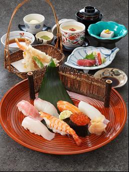 lunch-only menu SUSHI GOZEN 4,500 (Japanese Horseradish) Two Kinds of of the Day and Vegetable Garnish, Served with Soy Sauce and Seasoned Miso Tofu Mushi : Egg Tofu Topped with