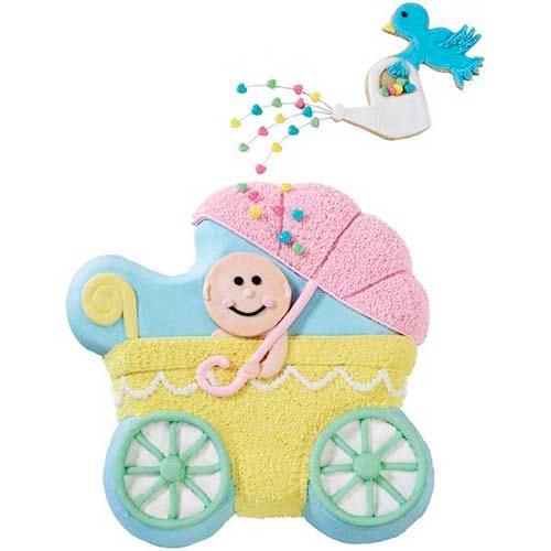 Tweet Tweet! A Bird Bath Baby Shower Cake with baby in an adorable pastel baby carriage! For Basic White, Yellow Or Chocolate cake recipes visit: http://www.uniquebabyshower-gifts.