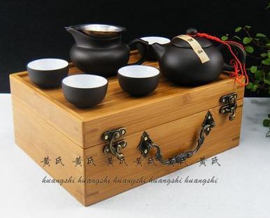 11cm 竹盒旅行茶具 8 件套紫砂 ( 红泥 ) Yixing teaware travel set (one pot,