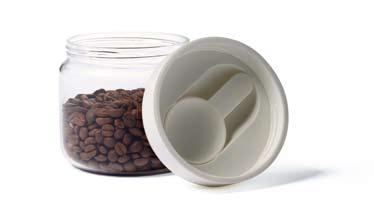 The 350 ml sized canister can hold approximately 120 g coffee beans, the 550 ml size is good for 200 g, and the 750 ml size is for 300 g. The attached spoon can be stored inside the lid.