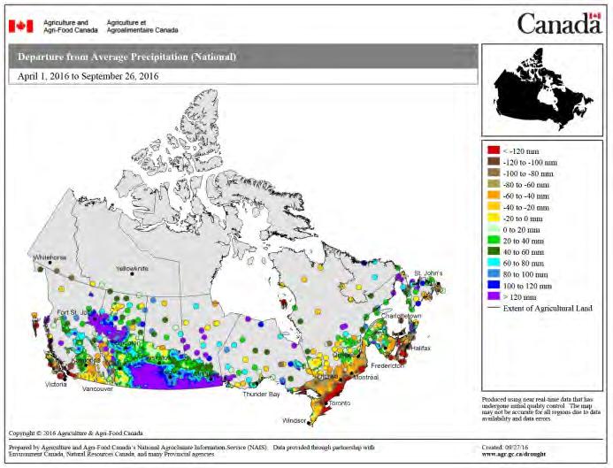 Figure 2 National maps showing environmental growing conditions precipitation (departure from average) and temperature (monthly mean difference from normal) Source: Ontario crop report: http://www.
