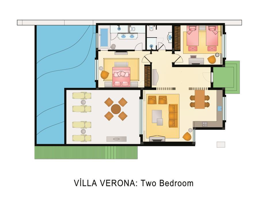 VILLA VERONA (2 BEDROOMS) FEATURES VILLA SET UP VILLA SERVICES 2 UNITS NEWSPAPER BUTLER SERVICE 130 M² FLOWERS (ARRIVAL DAY) C/IN C/OUT AT VILLA 2 BEDROOMS NESPRESSO MACHINE TURN DOWN SERVICE 2 WCs