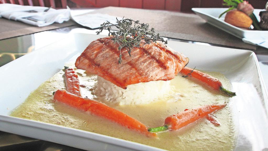 The Hawaiian style salmon features a char-grilled salmon with a coconut