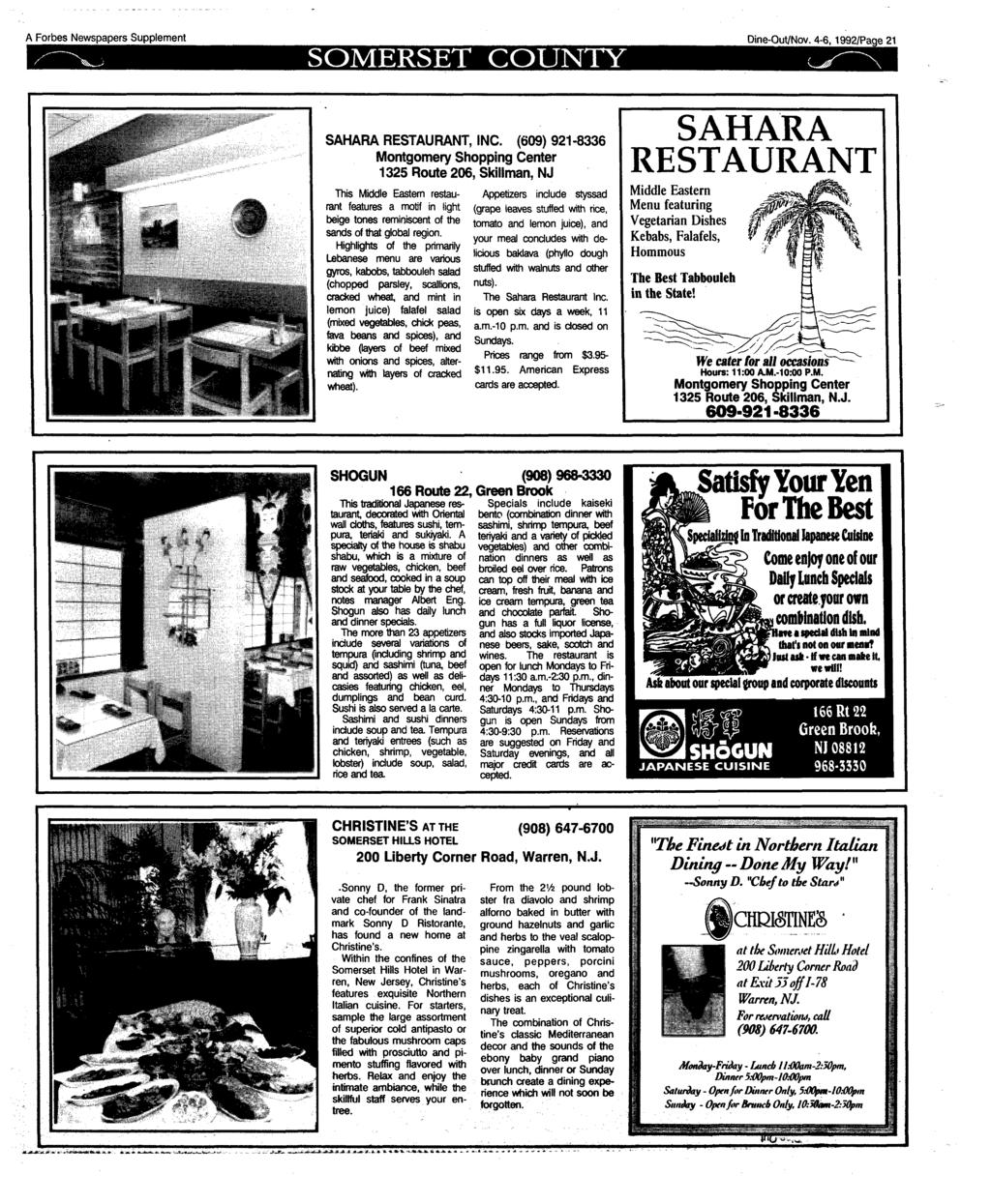 A Forbes Newspapers Supplement SOMERSET COUNTY Dine-Out/Nov. 4-6,1992/Page 21 SAHARA RESTAURANT, INC.