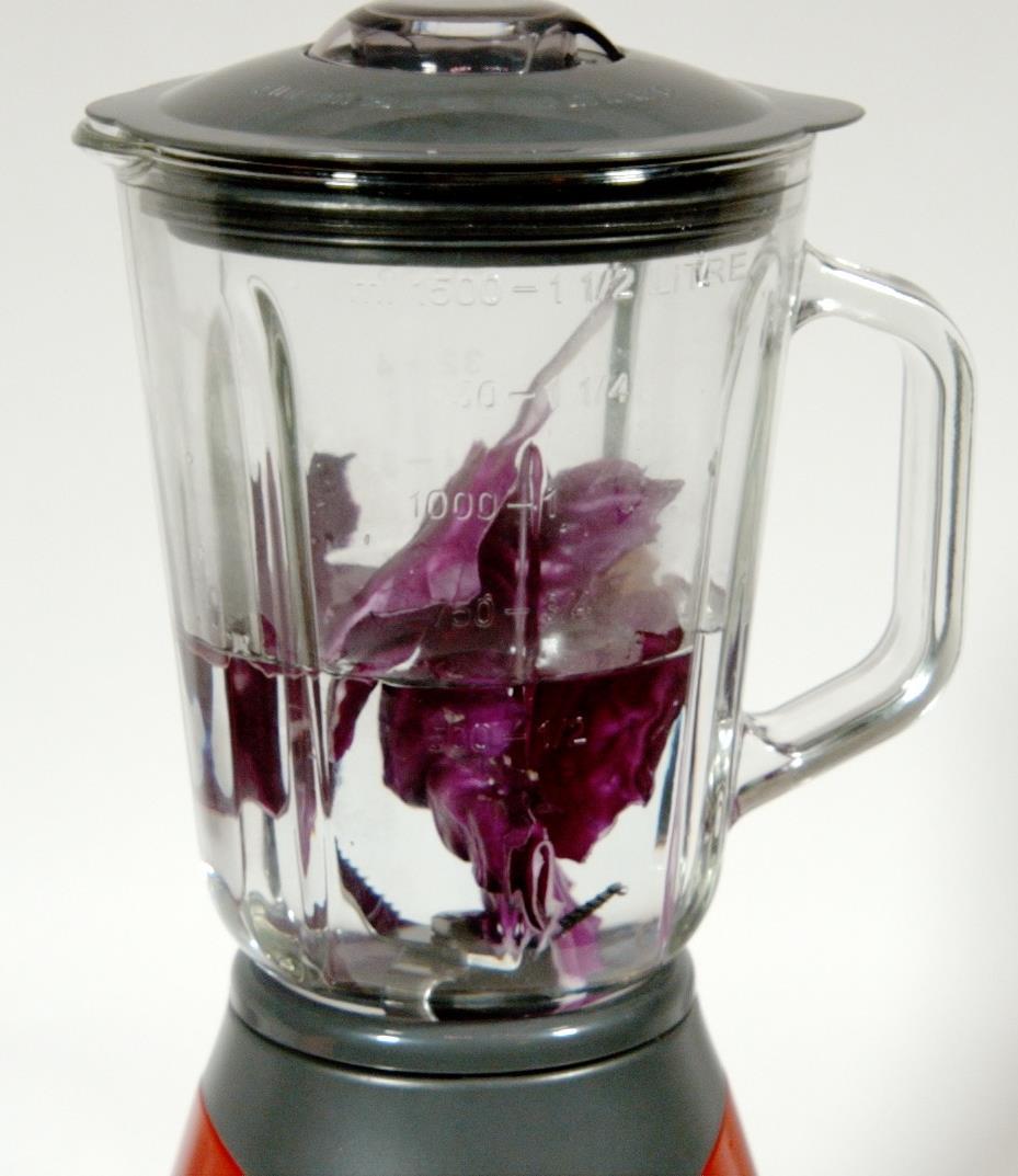 Red cabbage indicator 1. Pour about 500mL of hot water (from the tap) into the blender. 2. Add three large red cabbage leaves to the blender. 3. Place the lid on the blender and blend until smooth. 4.