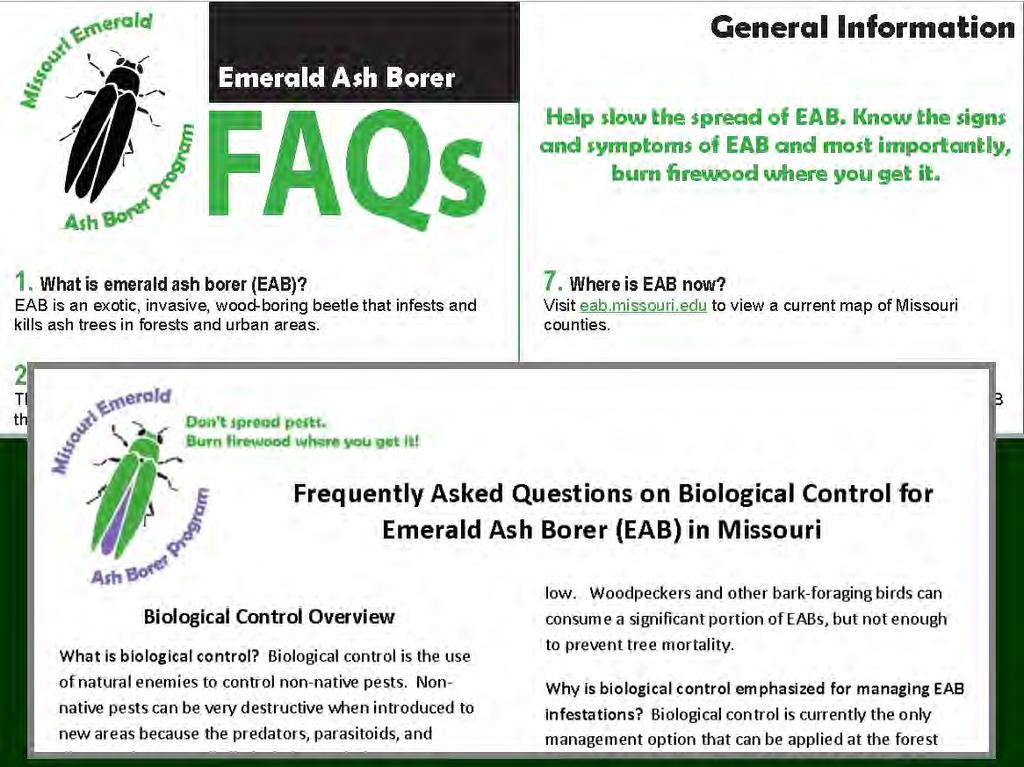 Cieneral Information Help slow the spread of EAB. Know the signs and symptoms of EAB and most importantly, burn firewood where you get it. 1. What is emerald ash borer (EAB)?