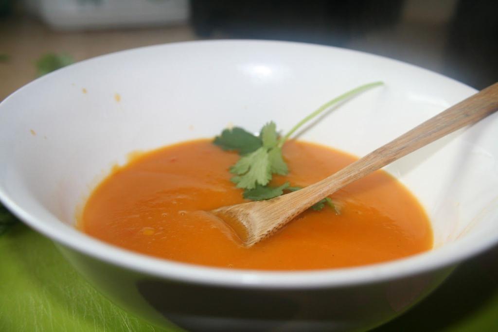 Sweet Potato Soup 1. Heat oil in a large saucepan over medium-high heat. Add onion and garlic. Heat, stirring often, for 3 minutes. Stir in ground coriander and cumin. Stir for another 1 minute. 2.